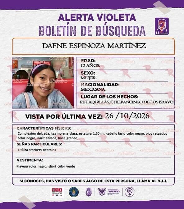 Policía Estatal localiza a adolescente de 12 años reportada como desaparecida en Petaquillas, municipio de Chilpancingo